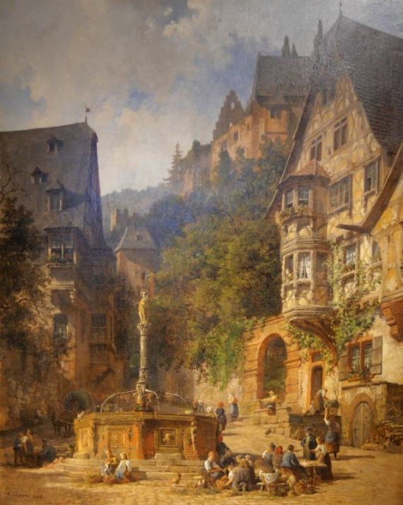 Ölgemälde auf Leinwand von Karl Weysser; Marktplatz in Miltenberg, 1888